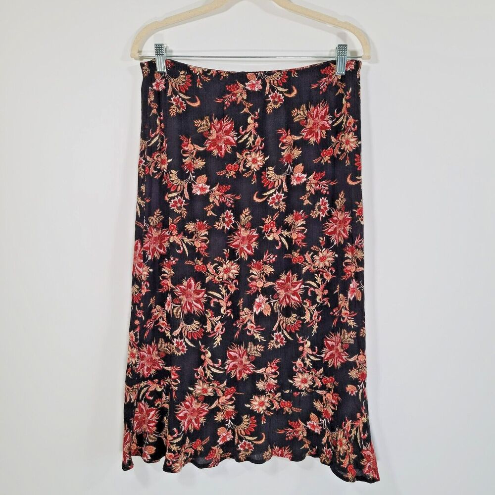 Vintage KATHIE LEE Dark Floral Print Midi Skirt Size S Ruffle Hem Crepe Rayon